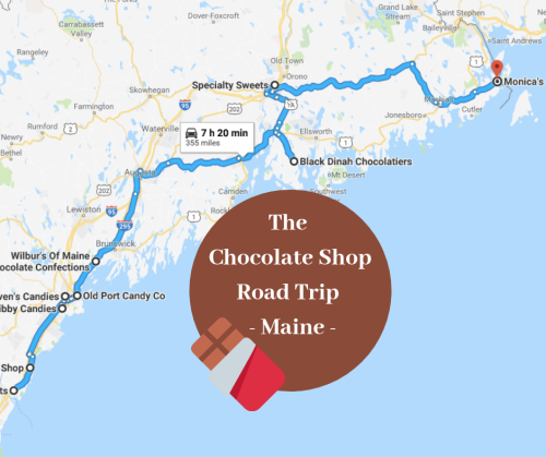 Map showing a route for "The Chocolate Shop Road Trip" in Maine, highlighting various chocolate shops along the way.