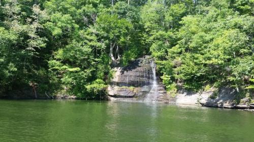 A serene lake surrounded by lush green trees, featuring a small waterfall cascading down a rocky cliff.