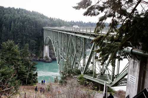 A green metal bridge spans a river, surrounded by dense forest and rocky cliffs, with people walking below.