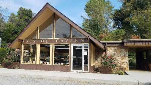 Exterior of Bristol Caverns building with large windows, stone accents, and surrounding greenery.