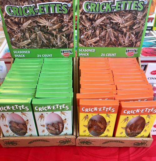 Display of Crick-Ettes snack boxes in green, orange, and yellow, featuring seasoned crickets, arranged in rows.