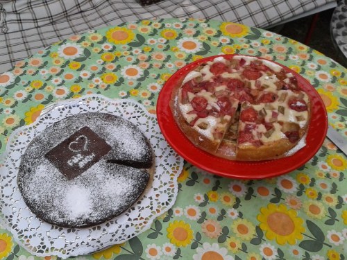 Two cakes on a floral tablecloth: a chocolate cake with powdered sugar and a fruit-topped cake with strawberries and pineapple.