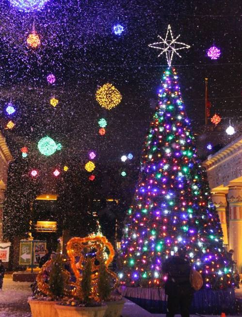A brightly lit Christmas tree adorned with colorful lights, surrounded by festive decorations and falling snow at night.