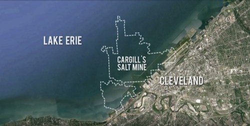 Map showing Cargill's Salt Mine near Cleveland, Ohio, with Lake Erie to the north and the city labeled to the southeast.