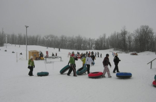 People enjoying a snowy tubing hill, with colorful tubes and trees in the background under a gray sky.