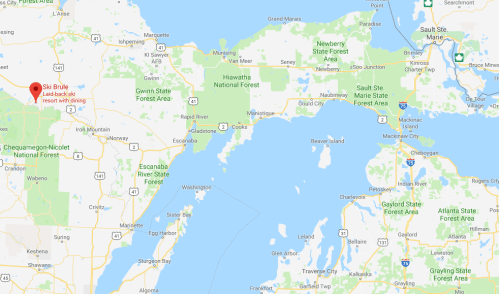 Map showing the location of Six Brule, near national forests and the Great Lakes region.