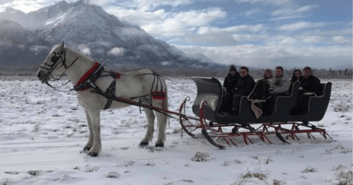 A horse-drawn sleigh with five people rides through a snowy landscape, with mountains in the background.