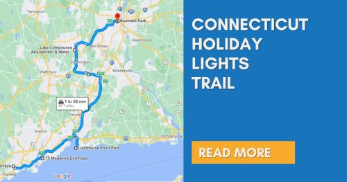 Map showing the Connecticut Holiday Lights Trail route, highlighting Bushnell Park and nearby attractions.