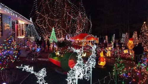 A festive display of colorful Christmas lights, decorations, and a sleigh in a winter night setting.