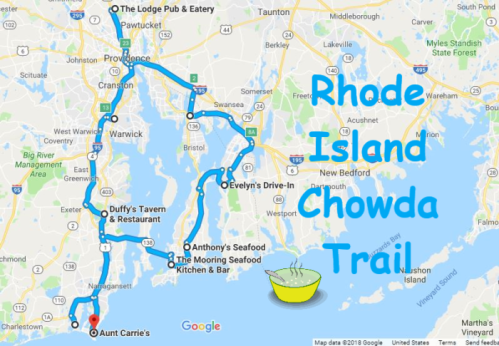 Map of the Rhode Island Chowda Trail with marked locations for seafood restaurants and eateries.