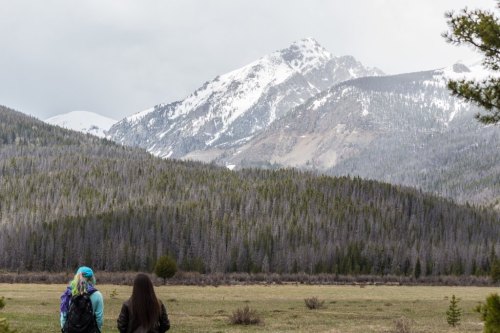 Two hikers stand in a grassy field, gazing at snow-capped mountains in the distance under a cloudy sky.