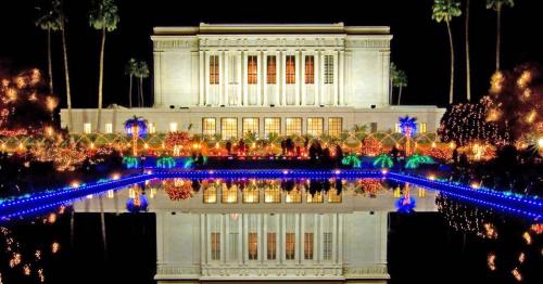 A brightly lit building at night, reflecting in a calm pond, surrounded by colorful holiday lights and palm trees.