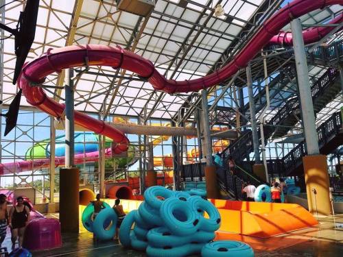 Indoor water park featuring colorful slides, blue inner tubes, and visitors enjoying the attractions.