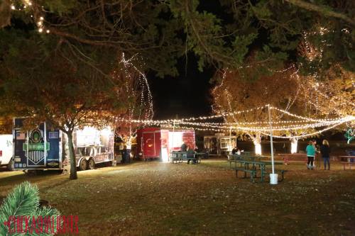 A festive park at night with food trucks and string lights illuminating trees and people enjoying the atmosphere.