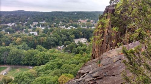 A rocky cliff overlooks a lush green valley and a small town, with trees and buildings visible in the distance.