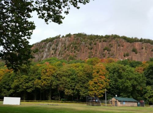 A rocky cliff rises above a green field surrounded by trees, with a small building and a white board in the foreground.