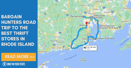 Map showing a road trip route to thrift stores in Rhode Island, with a highlighted path and estimated travel time.
