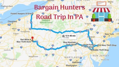 Map showing a road trip route for bargain hunters in Pennsylvania, highlighting thrift store stops along the way.