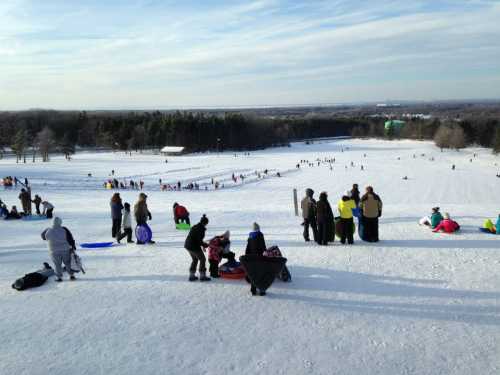 A snowy hill filled with people sledding, some sitting on sleds, others walking, with trees and a distant view in the background.