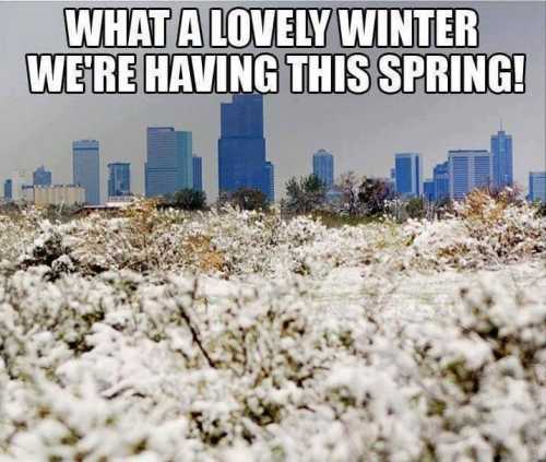 A snowy landscape with city skyscrapers in the background, humorously captioned about winter in spring.