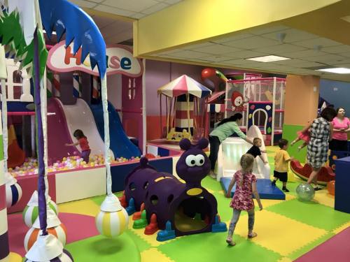 Colorful indoor play area with slides, ball pits, and children playing on various structures and toys.