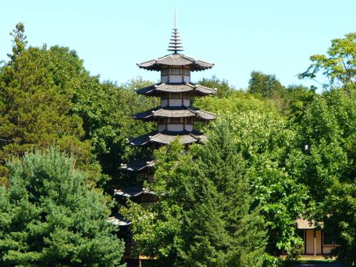 A tall pagoda surrounded by lush green trees under a clear blue sky.