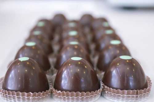 A tray of chocolate candies with a glossy finish and a mint green dot on top, arranged in neat rows.