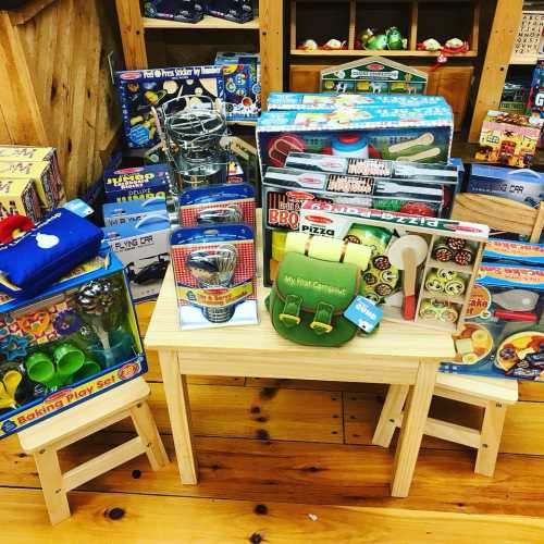 A wooden table displays various colorful toys, including a BBQ set, pizza maker, and a camping set, in a cozy shop.