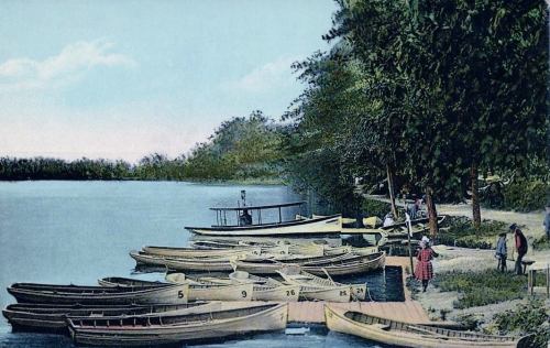 A serene lakeside scene with colorful boats docked, surrounded by lush greenery and a clear blue sky.