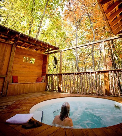 A person relaxes in a hot tub surrounded by wooden walls and vibrant autumn trees.