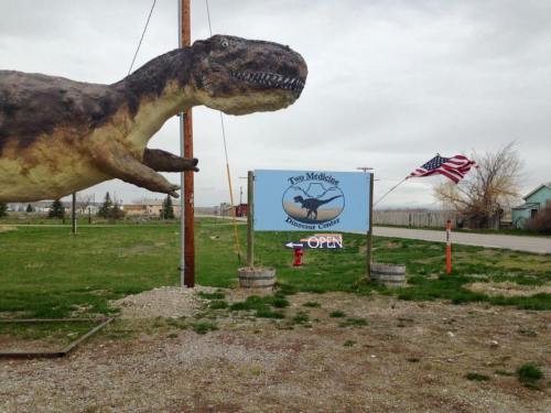 A large dinosaur statue near a sign for the Two Medicine Dinosaur Center, with an American flag in the background.