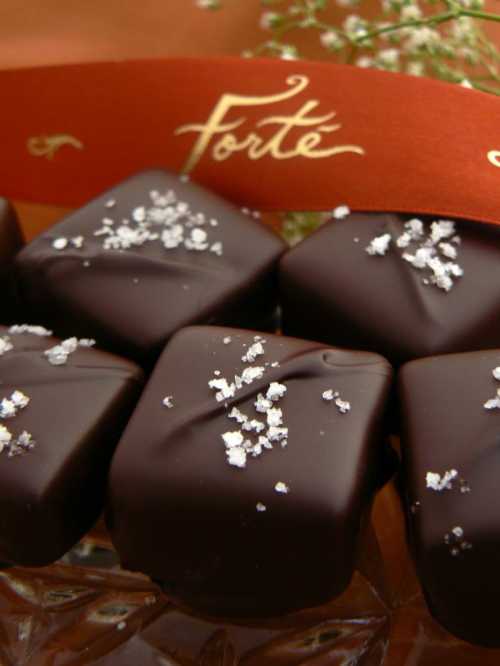 Close-up of dark chocolate squares topped with sea salt, arranged elegantly with a decorative ribbon in the background.