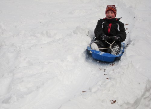 A joyful child in a blue sled glides down a snowy hill, surrounded by white snow and fallen leaves.