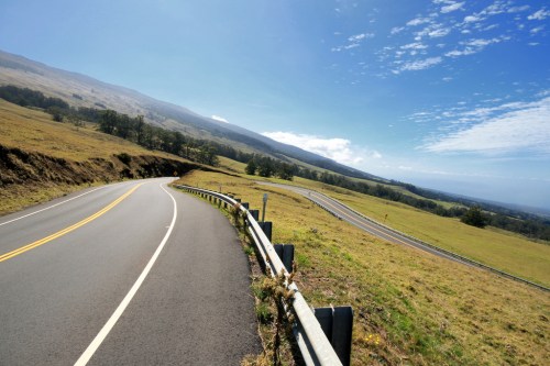 Winding road through a grassy landscape under a clear blue sky with distant mountains.