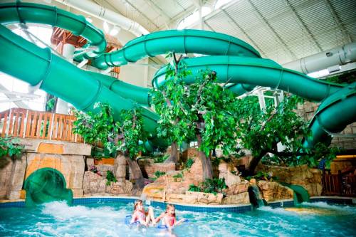 Two children enjoy a water slide in a tropical-themed indoor water park with lush greenery and flowing water.