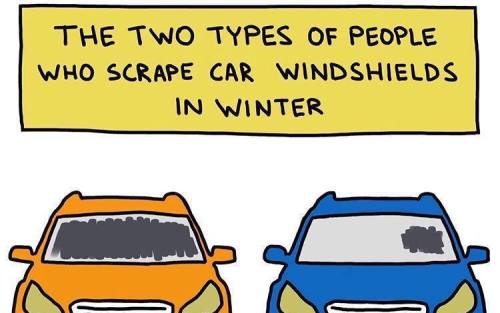 A cartoon showing two cars under a sign about the two types of people who scrape windshields in winter.