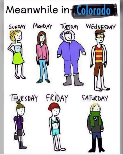 A comic showing different outfits for each day of the week in Colorado, reflecting varied weather conditions.