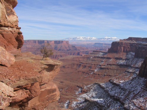 A panoramic view of a rugged canyon landscape with snow-capped mountains in the distance under a clear blue sky.