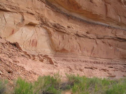 Rocky cliff face with ancient petroglyphs and sparse green vegetation at the base.