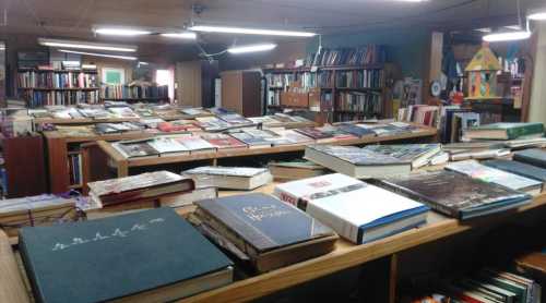 A cozy bookstore interior filled with wooden tables stacked high with various books. Shelves line the walls.