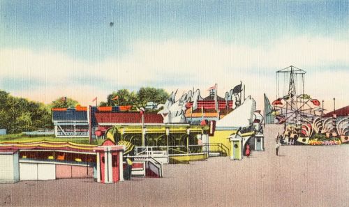 A colorful vintage postcard of a fairground with rides, booths, and flags under a clear sky.