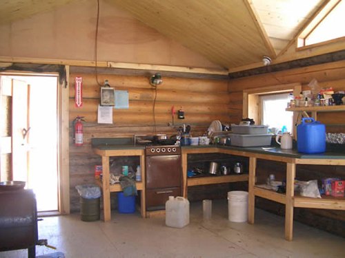 Interior of a rustic kitchen with wooden walls, a stove, sink, and various kitchen supplies on counters.