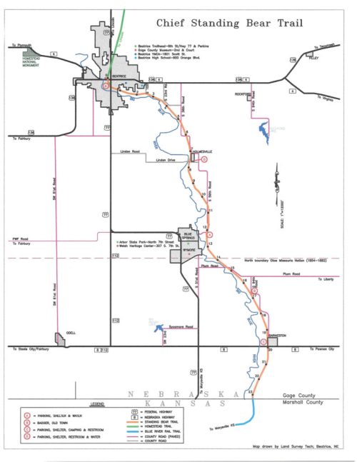 Map of Chief Standing Bear Trail, showing routes, landmarks, and facilities in Gage County and Marshall County, Nebraska.
