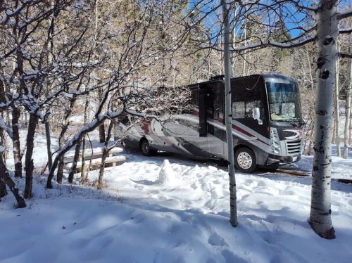 A black and silver RV parked in a snowy landscape surrounded by trees.