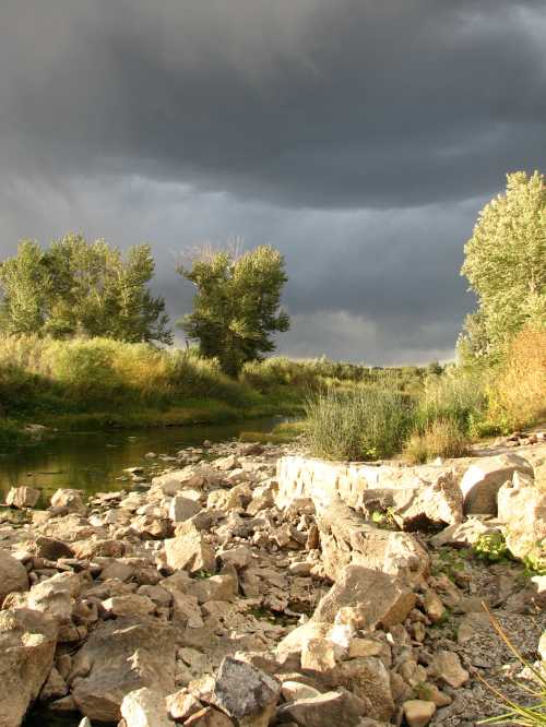 A rocky riverbank under a dark, cloudy sky, surrounded by trees and lush greenery.