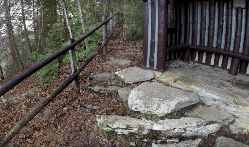 A stone pathway leads to a rustic shelter surrounded by trees and fallen leaves.