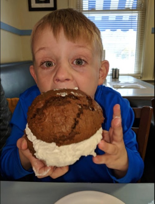 A young boy in a blue shirt excitedly holds a large chocolate dessert with cream filling, ready to take a bite.