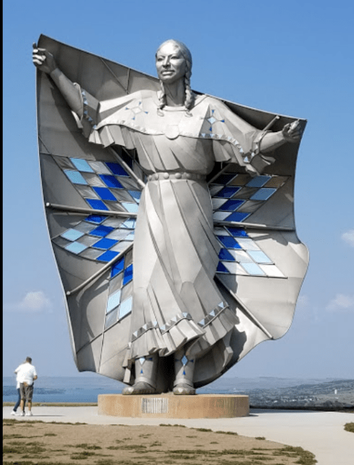 A large metallic statue of a woman in a flowing dress, with blue accents, standing against a clear blue sky.