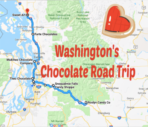 Map highlighting Washington's Chocolate Road Trip with locations of various chocolate shops and a heart-shaped chocolate graphic.