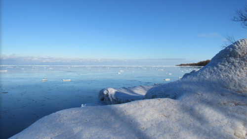A serene winter landscape featuring a frozen lake and snow-covered shoreline under a clear blue sky.